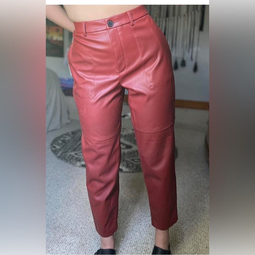 WORTHINGTON DARK ORANGE RED FAUX LEATHER HIGH RISE ANKLE SOFT INTERIOR PANTS 2